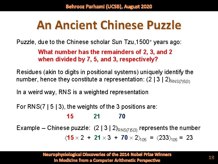 Behrooz Parhami (UCSB), August 2020 An Ancient Chinese Puzzle, due to the Chinese scholar