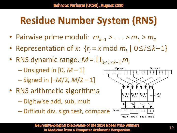 Behrooz Parhami (UCSB), August 2020 Residue Number System (RNS) • Pairwise prime moduli: mk–