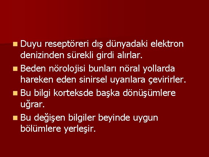 n Duyu reseptöreri dış dünyadaki elektron denizinden sürekli girdi alırlar. n Beden nörolojisi bunları