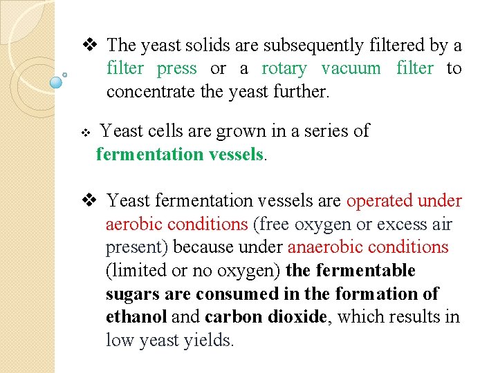 v The yeast solids are subsequently filtered by a filter press or a rotary