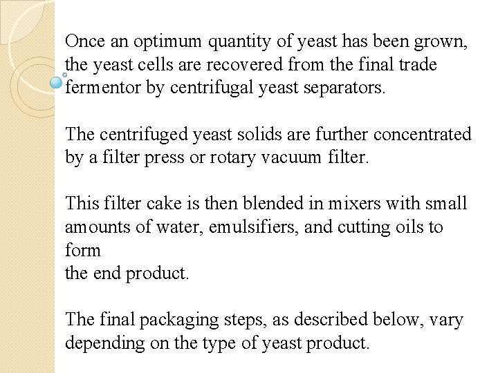 Once an optimum quantity of yeast has been grown, the yeast cells are recovered