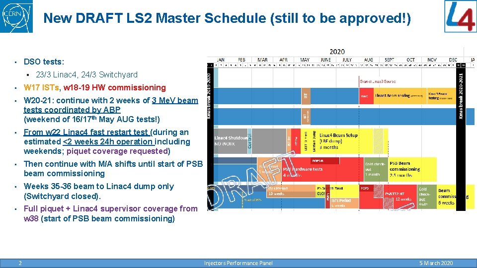 New DRAFT LS 2 Master Schedule (still to be approved!) DSO tests: • §