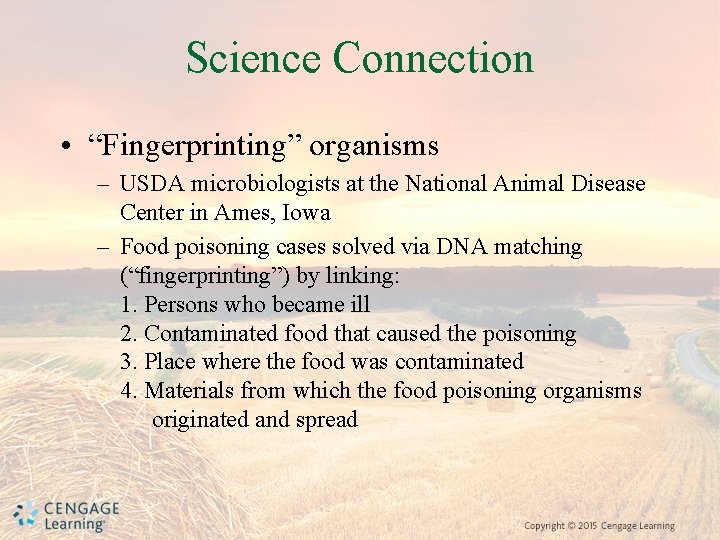 Science Connection • “Fingerprinting” organisms – USDA microbiologists at the National Animal Disease Center