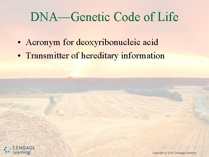 DNA—Genetic Code of Life • Acronym for deoxyribonucleic acid • Transmitter of hereditary information