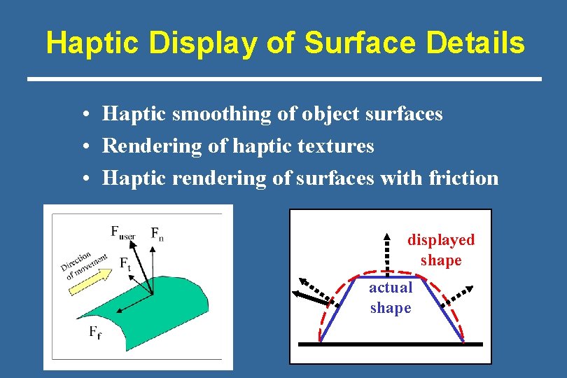 Haptic Display of Surface Details • Haptic smoothing of object surfaces • Rendering of