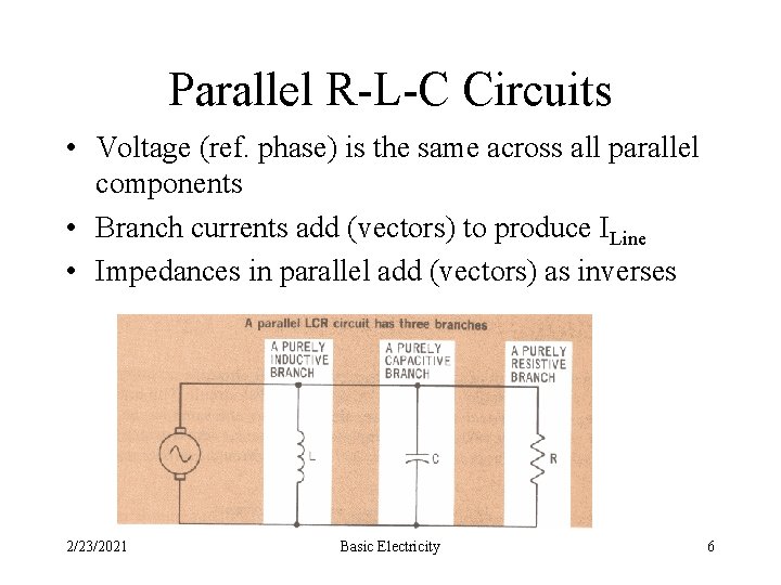 Parallel R-L-C Circuits • Voltage (ref. phase) is the same across all parallel components