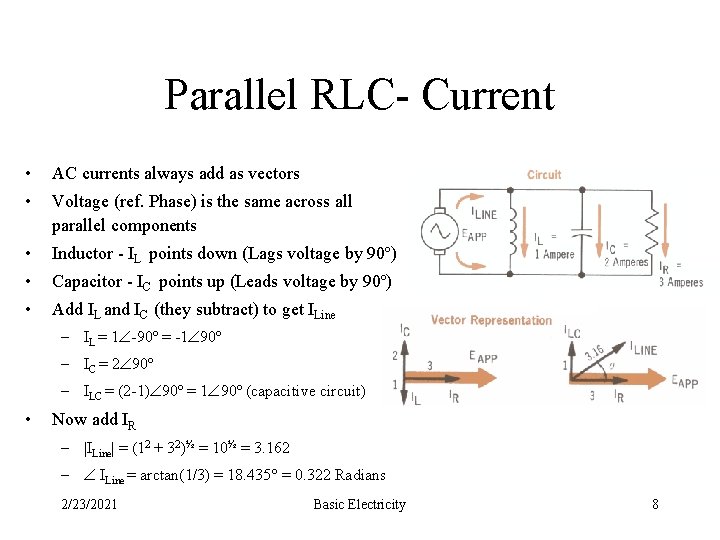 Parallel RLC- Current • AC currents always add as vectors • Voltage (ref. Phase)