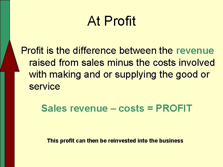 At Profit is the difference between the revenue raised from sales minus the costs