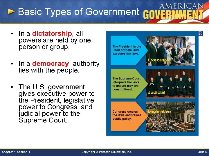 Basic Types of Government • In a dictatorship, all powers are held by one