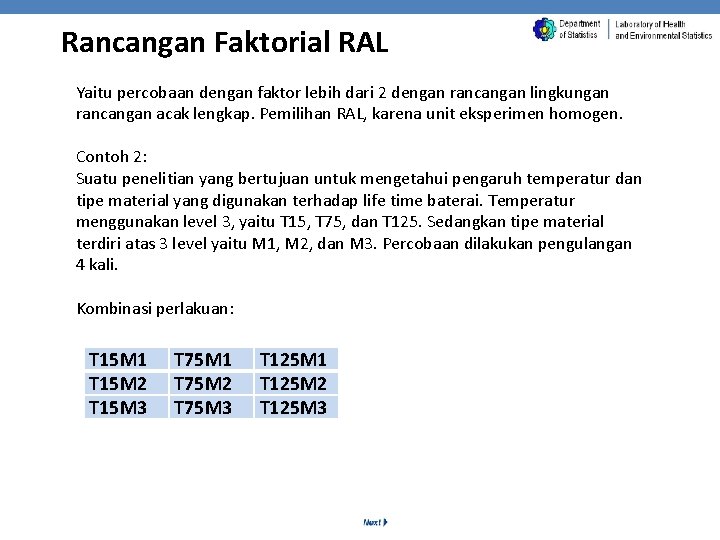 Rancangan Faktorial RAL Yaitu percobaan dengan faktor lebih dari 2 dengan rancangan lingkungan rancangan