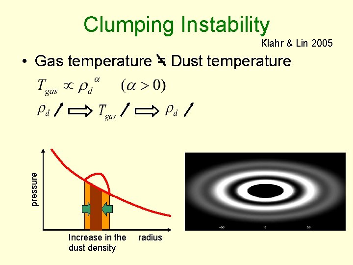 Clumping Instability Klahr & Lin 2005 pressure • Gas temperature = Dust temperature Increase