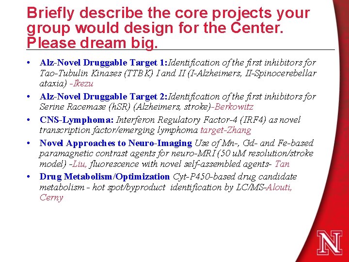 Briefly describe the core projects your group would design for the Center. Please dream