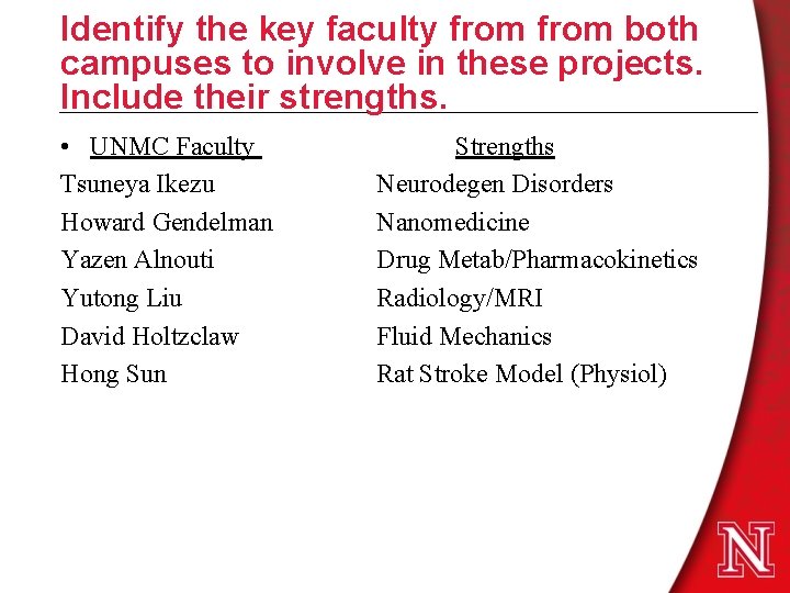 Identify the key faculty from both campuses to involve in these projects. Include their