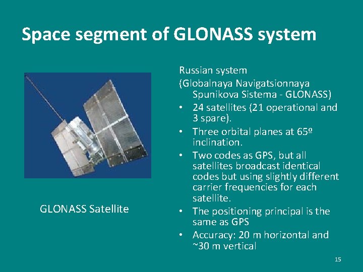 Space segment of GLONASS system GLONASS Satellite Russian system (Globalnaya Navigatsionnaya Spunikova Sistema -