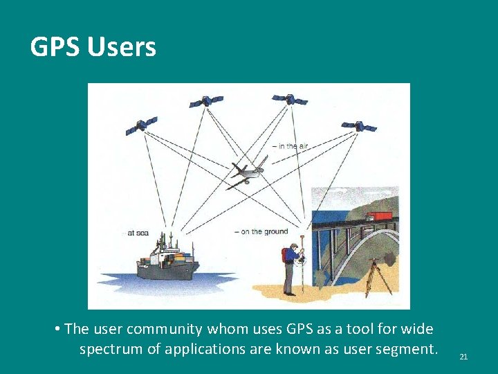 GPS Users • The user community whom uses GPS as a tool for wide