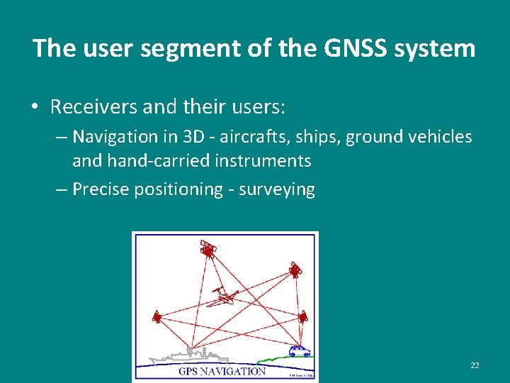 The user segment of the GNSS system • Receivers and their users: – Navigation