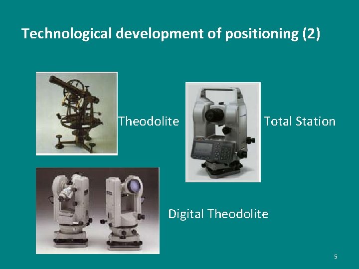 Technological development of positioning (2) Theodolite Total Station Digital Theodolite 5 