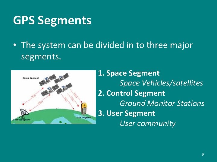 GPS Segments • The system can be divided in to three major segments. 1.