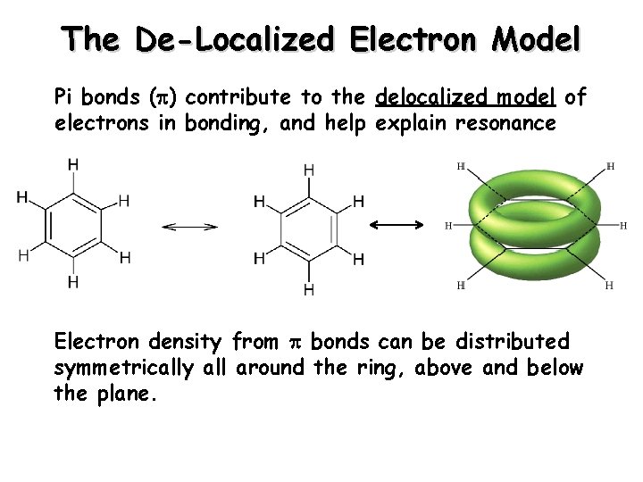 The De-Localized Electron Model Pi bonds ( ) contribute to the delocalized model of