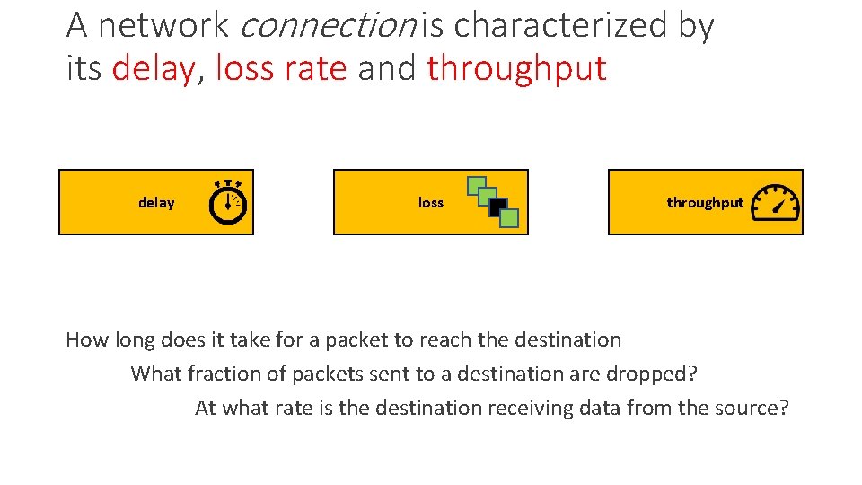 A network connection is characterized by its delay, loss rate and throughput delay loss