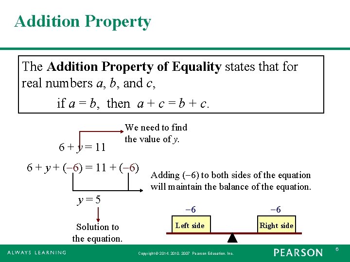 Addition Property The Addition Property of Equality states that for real numbers a, b,