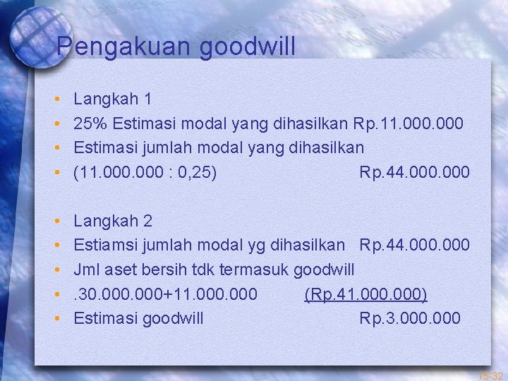 Pengakuan goodwill • • Langkah 1 25% Estimasi modal yang dihasilkan Rp. 11. 000