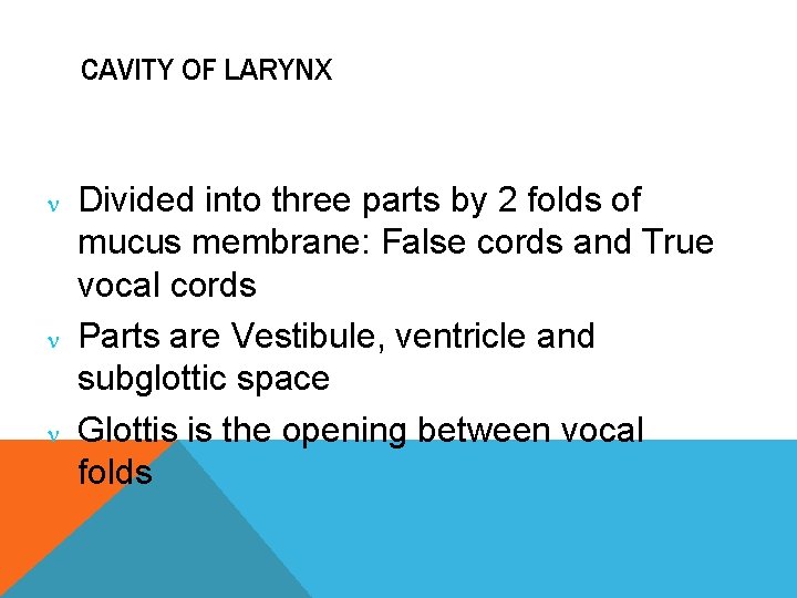 CAVITY OF LARYNX Divided into three parts by 2 folds of mucus membrane: False