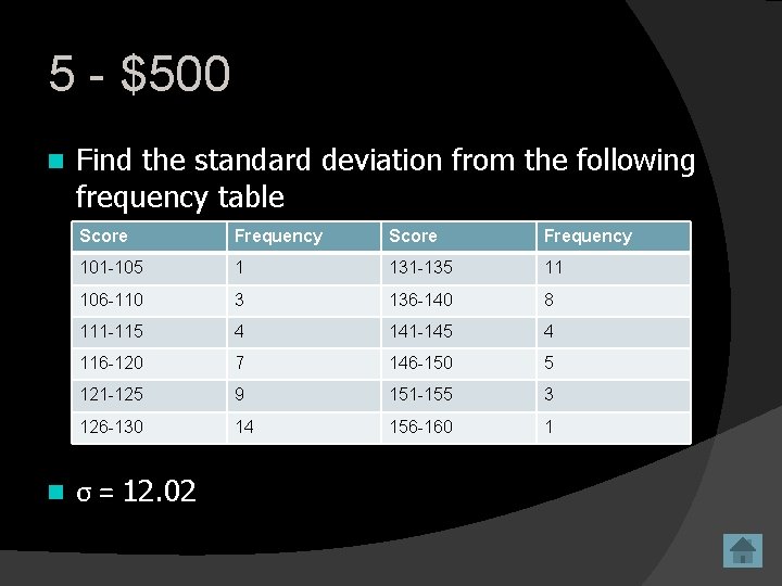 5 - $500 n n Find the standard deviation from the following frequency table