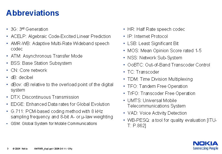 Abbreviations • 3 G: 3 rd Generation • HR: Half Rate speech codec •