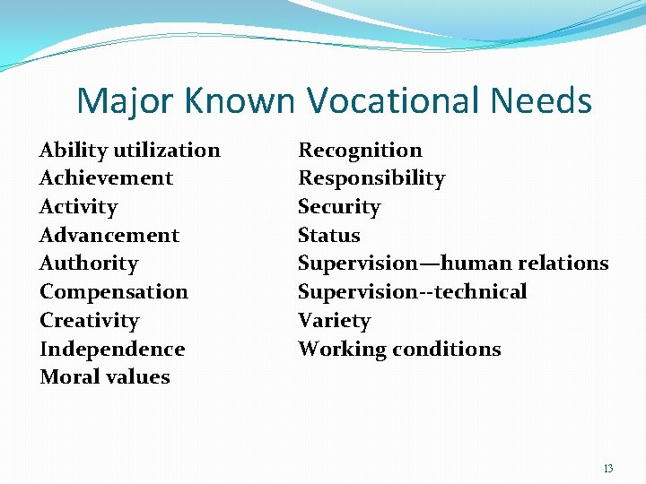 Major Known Vocational Needs Ability utilization Achievement Activity Advancement Authority Compensation Creativity Independence Moral