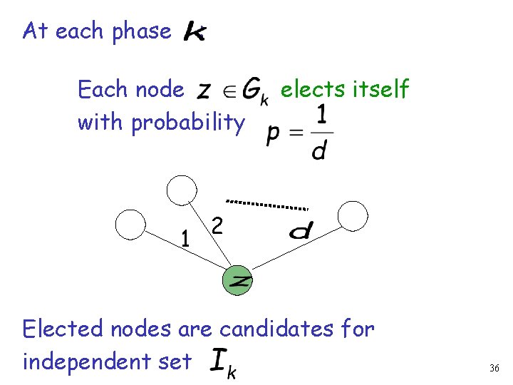 At each phase : Each node with probability 1 elects itself 2 Elected nodes