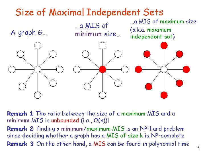 Size of Maximal Independent Sets A graph G… …a MIS of minimum size… …a