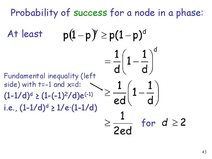 Probability of success for a node in a phase: At least Fundamental inequality (left