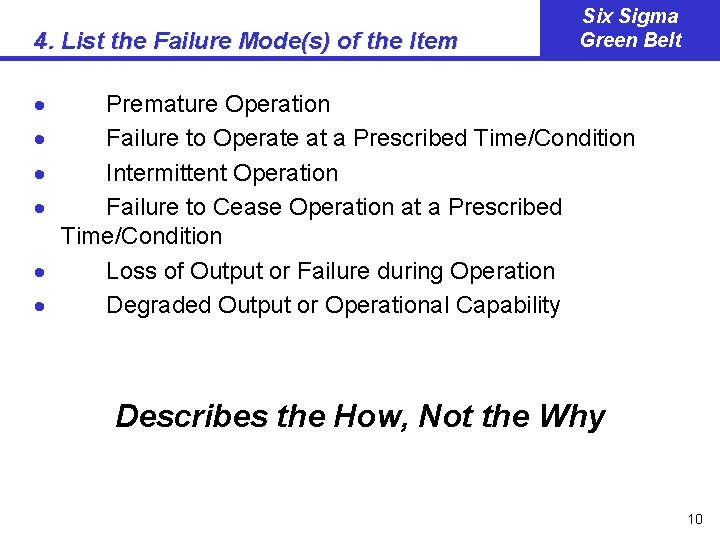 4. List the Failure Mode(s) of the Item Six Sigma Green Belt · ·