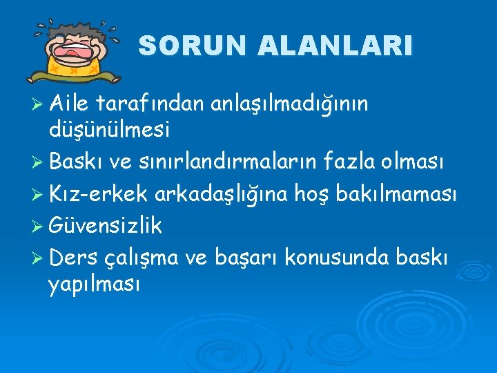 SORUN ALANLARI Ø Aile tarafından anlaşılmadığının düşünülmesi Ø Baskı ve sınırlandırmaların fazla olması Ø