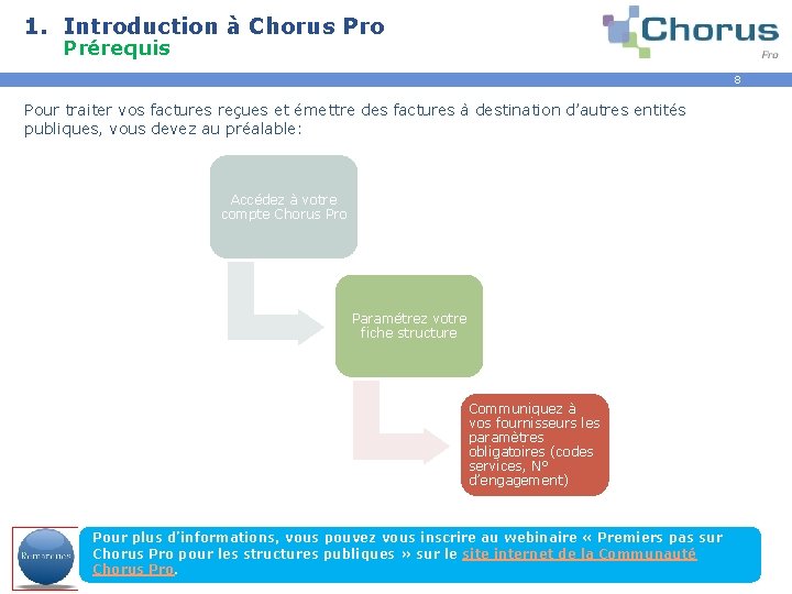 1. Introduction à Chorus Pro Prérequis 8 Pour traiter vos factures reçues et émettre