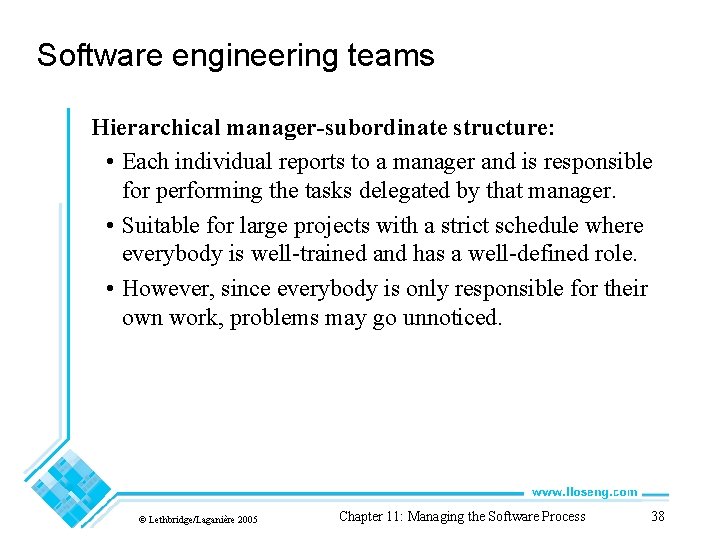 Software engineering teams Hierarchical manager-subordinate structure: • Each individual reports to a manager and