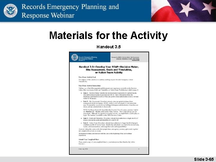 Materials for the Activity Handout 3. 5 Slide 3 -65 