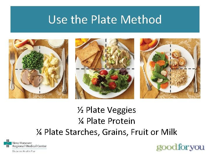 Use the Plate Method ½ Plate Veggies ¼ Plate Protein ¼ Plate Starches, Grains,