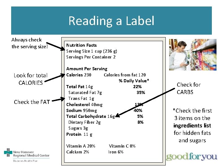 Reading a Label Always check the serving size! Look for total CALORIES Check the