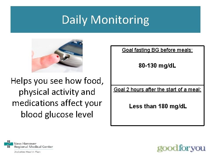 Daily Monitoring Goal fasting BG before meals: 80 -130 mg/d. L Helps you see