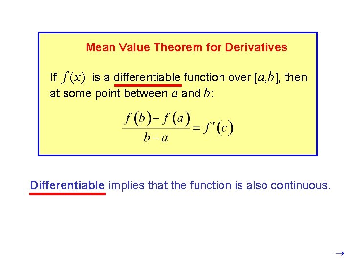 Mean Value Theorem for Derivatives If f (x) is a differentiable function over [a,