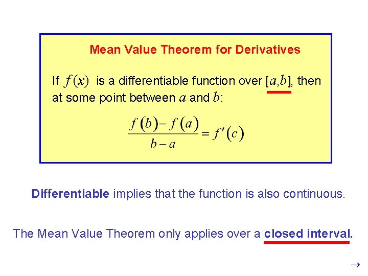 Mean Value Theorem for Derivatives If f (x) is a differentiable function over [a,