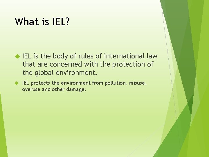 What is IEL? IEL is the body of rules of international law that are