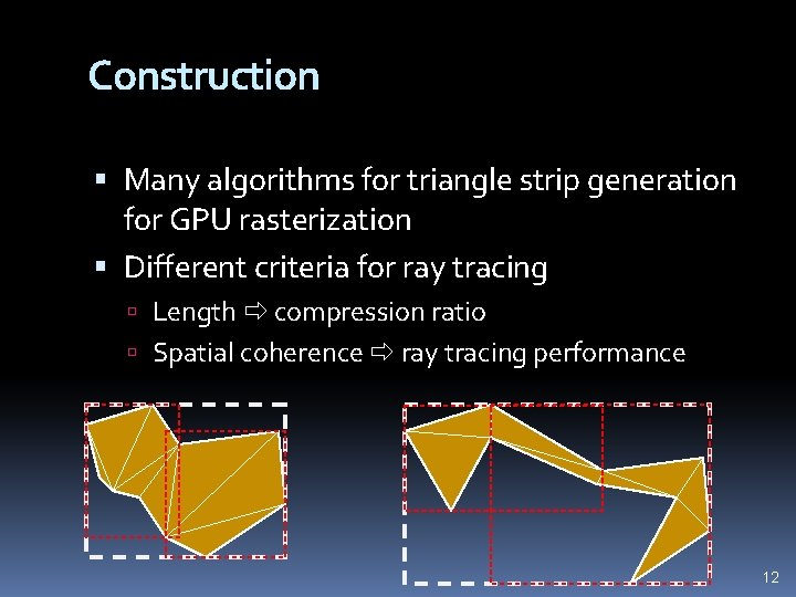 Construction Many algorithms for triangle strip generation for GPU rasterization Different criteria for ray