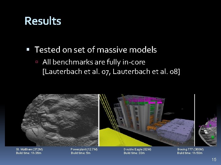 Results Tested on set of massive models All benchmarks are fully in-core [Lauterbach et