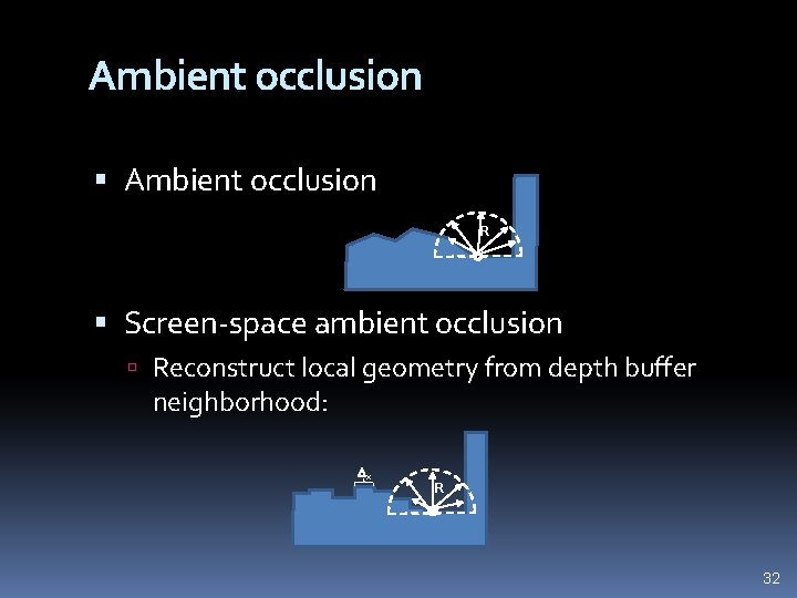 Ambient occlusion R Screen-space ambient occlusion Reconstruct local geometry from depth buffer neighborhood: x