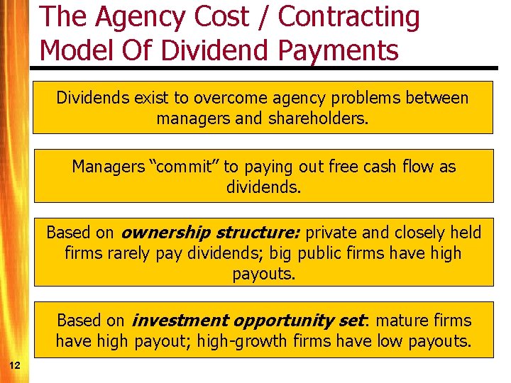 The Agency Cost / Contracting Model Of Dividend Payments Dividends exist to overcome agency