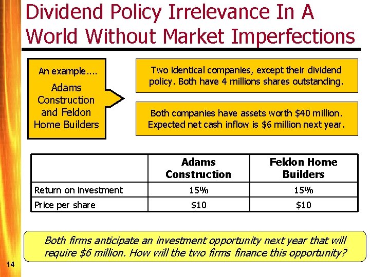 Dividend Policy Irrelevance In A World Without Market Imperfections An example. . Adams Construction