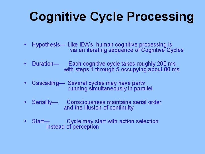 Cognitive Cycle Processing • Hypothesis— Like IDA’s, human cognitive processing is via an iterating